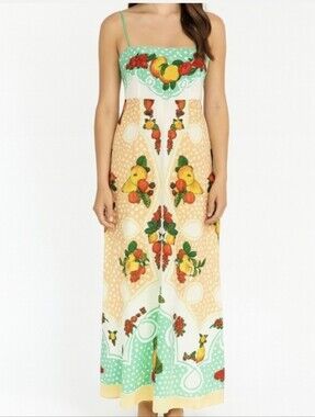 Caroline Constas Linen Fruit Print Maxi Dress Sz M